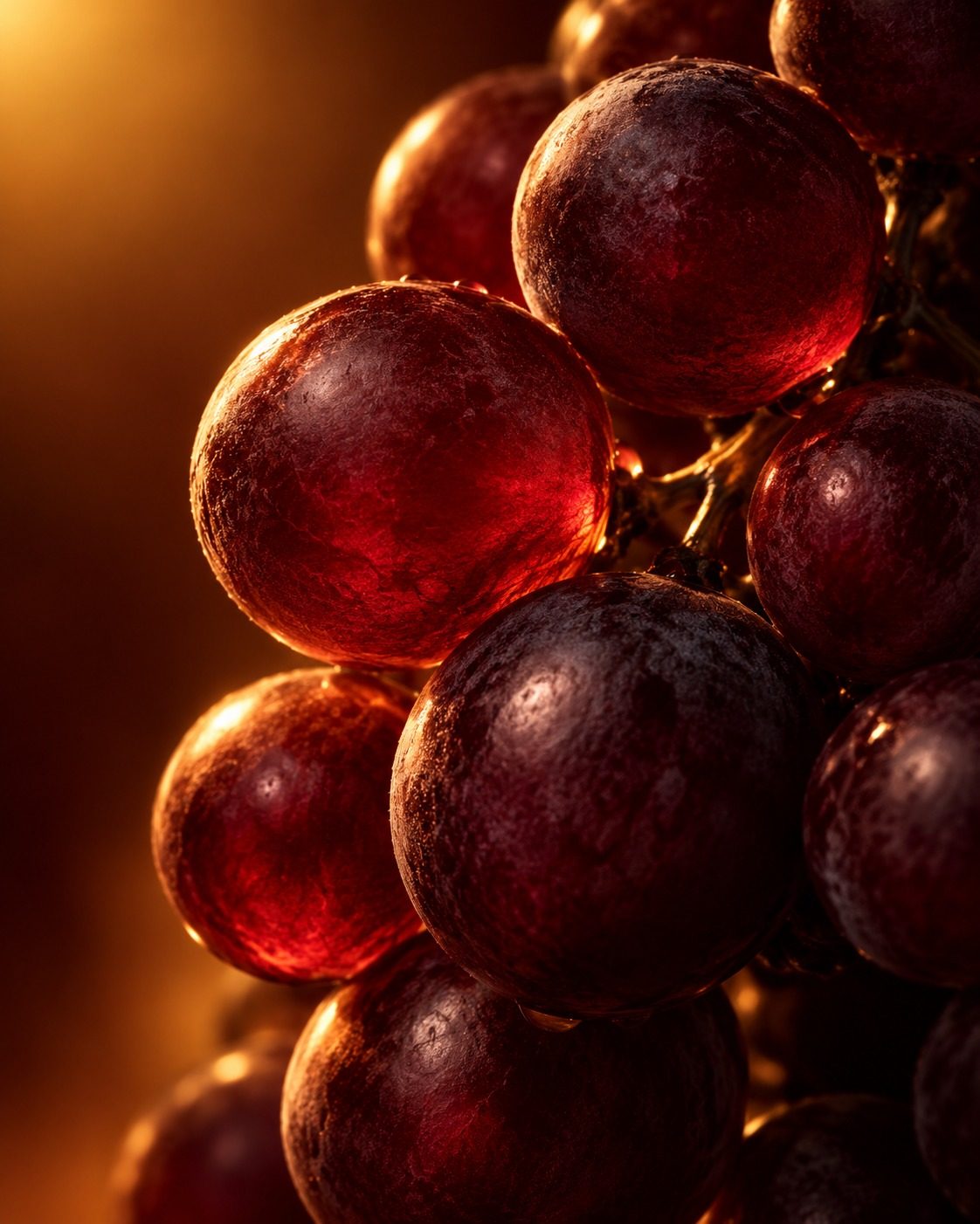 Gros plan sur des grains de raisin en contre-jour doré